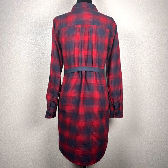 J. Crew Sz XXS Long-Sleeve Flannel Shirt Dress Red Navy Checkered 100% Cotton - Picture 2 of 11